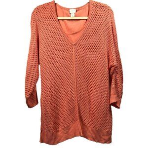 Chicos Crochet‎ Open Knit Tunic Pullover L Layered Tank Slits Orange Boho V Neck